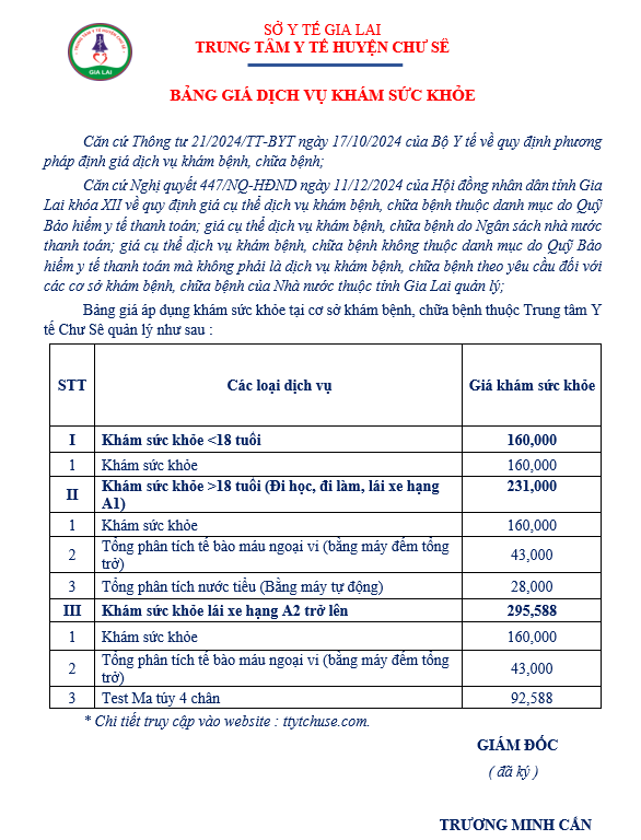 BẢNG GIÁ DỊCH VỤ SỨC KHOẺ - KHÁM BỆNH - CHỮA BỆNH