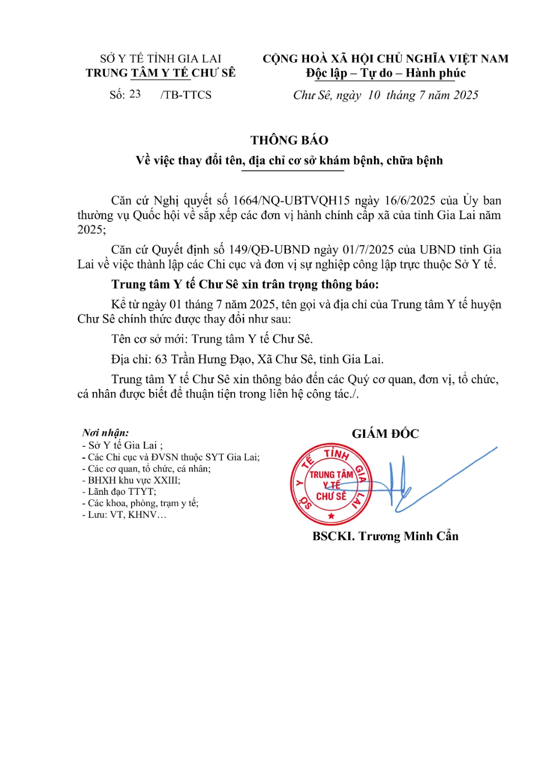 THÔNG BÁO VỀ VIỆC THAY ĐỔI TÊN GỌI, ĐỊA CHỈ LÀM VIỆC CỦA TRUNG TÂM Y TẾ CHƯ SÊ VÀ CÁC TRẠM Y TẾ TRỰC THUỘC