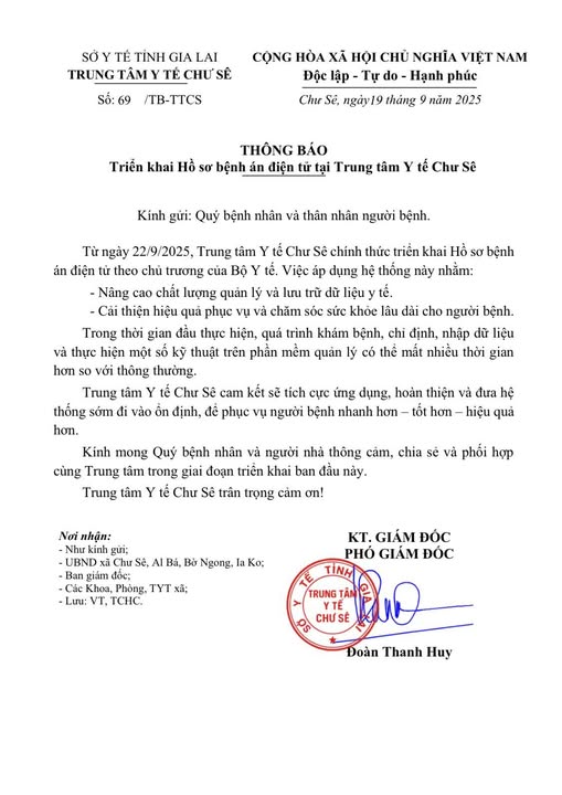 THÔNG BÁO TRIỂN KHAI BỆNH ÁN ĐIỆN TỬ TẠI TRUNG TÂM Y TẾ HUYỆN CHƯ SÊ