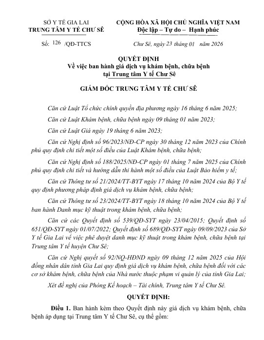 Quyết định ề việc ban hành giá dịch vụ khám bệnh, chữa bệnh  tại Trung tâm Y tế Chư Sê