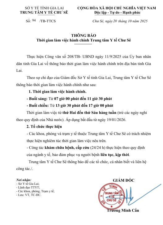 Thông báo thời gian làm việc hành chính Trung tâm Y tế Chư Sê