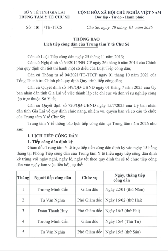Lịch tiếp công dân của Trung tâm Y tế Chư Sê