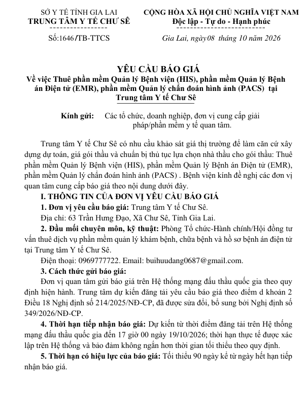 YÊU CẦU BÁO GIÁ Về việc Thuê phần mềm Quản lý Bệnh viện (HIS), phần mềm Quản lý Bệnh án Điện tử (EMR), phần mềm Quản lý chẩn đoán hình ảnh (PACS)  tại Trung tâm Y tế Chư Sê